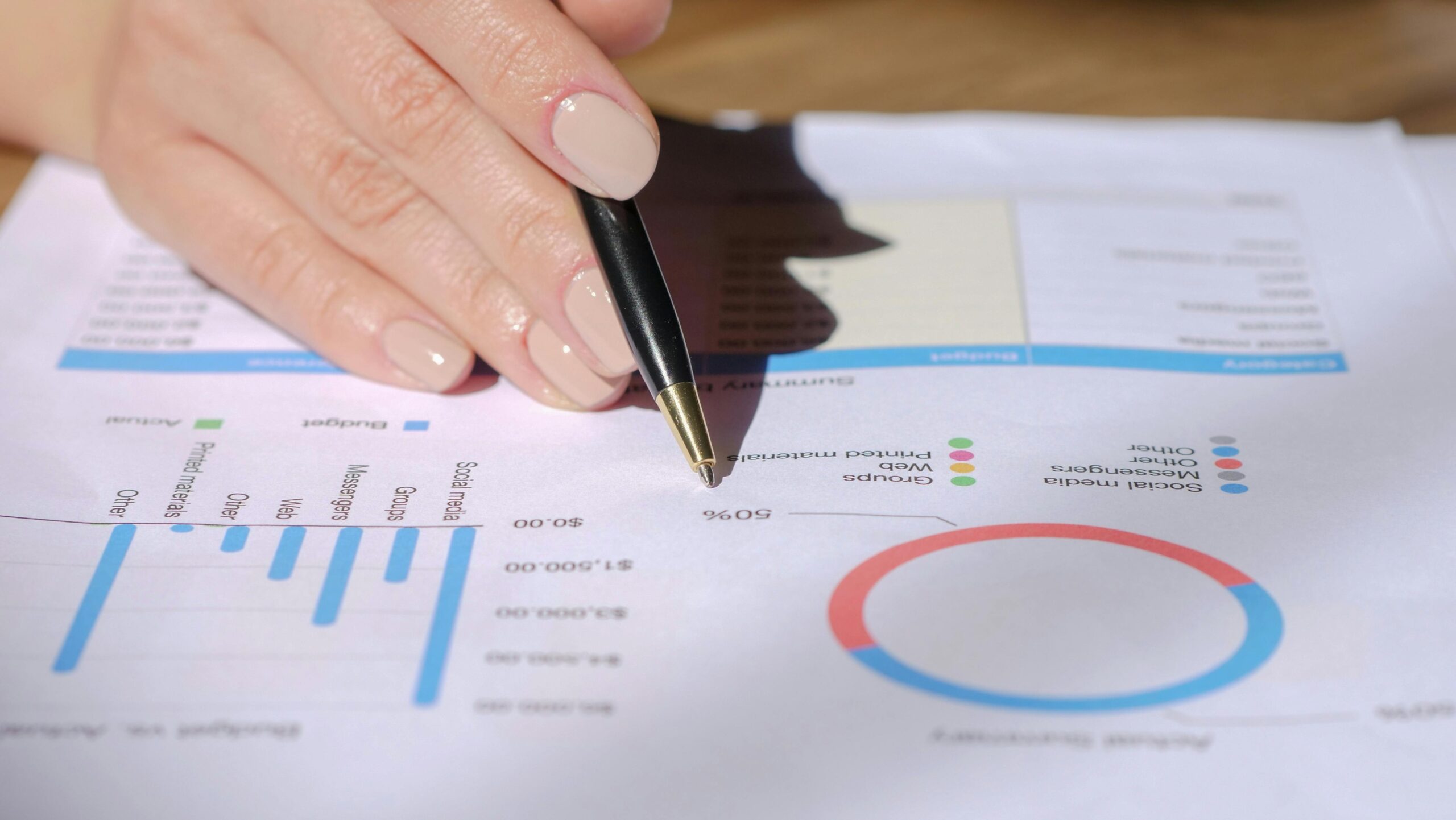 A person pointing at a financial graph.