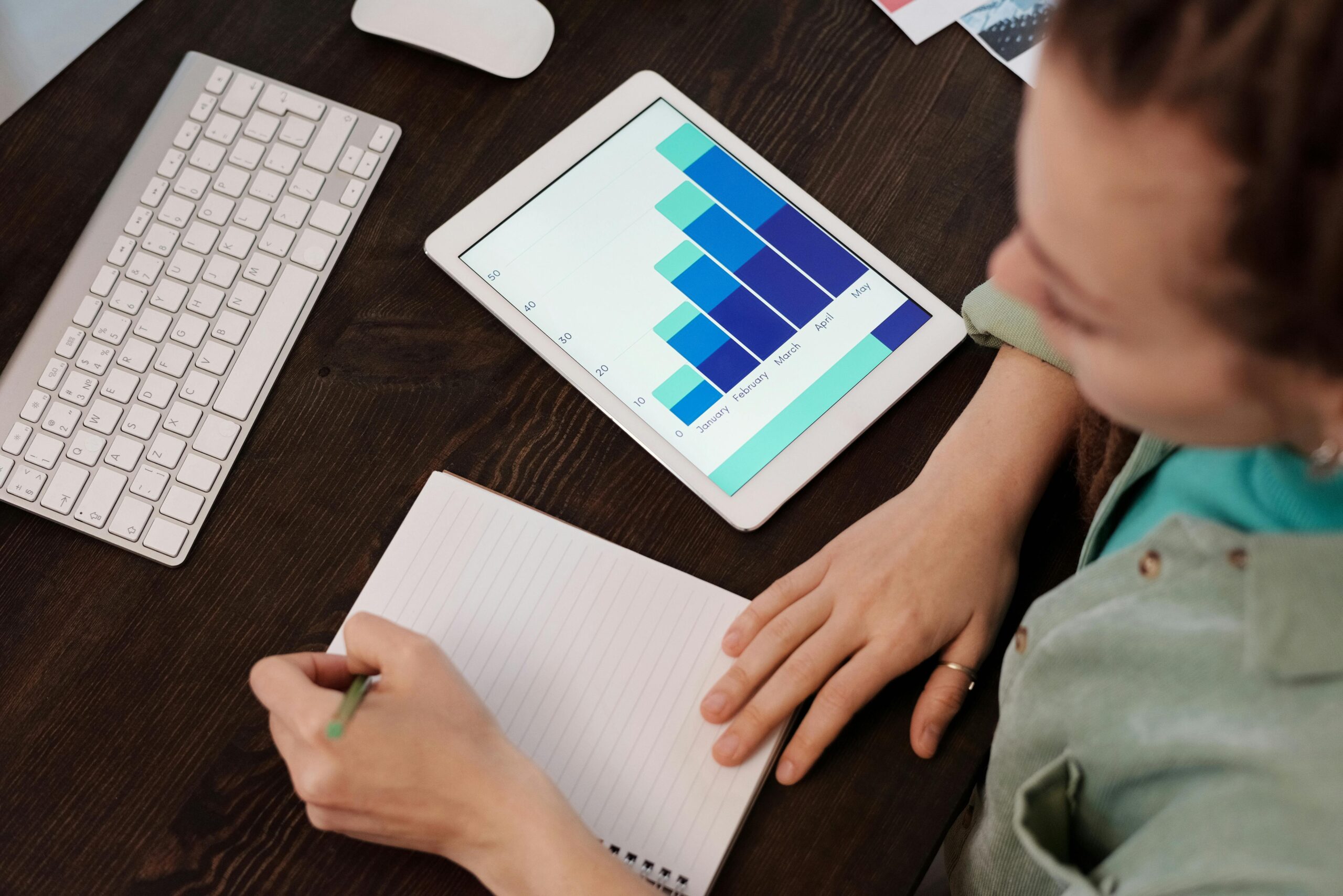 A virtual assistant reviewing business analytics on a tablet using the best CRM for virtual assistants.
