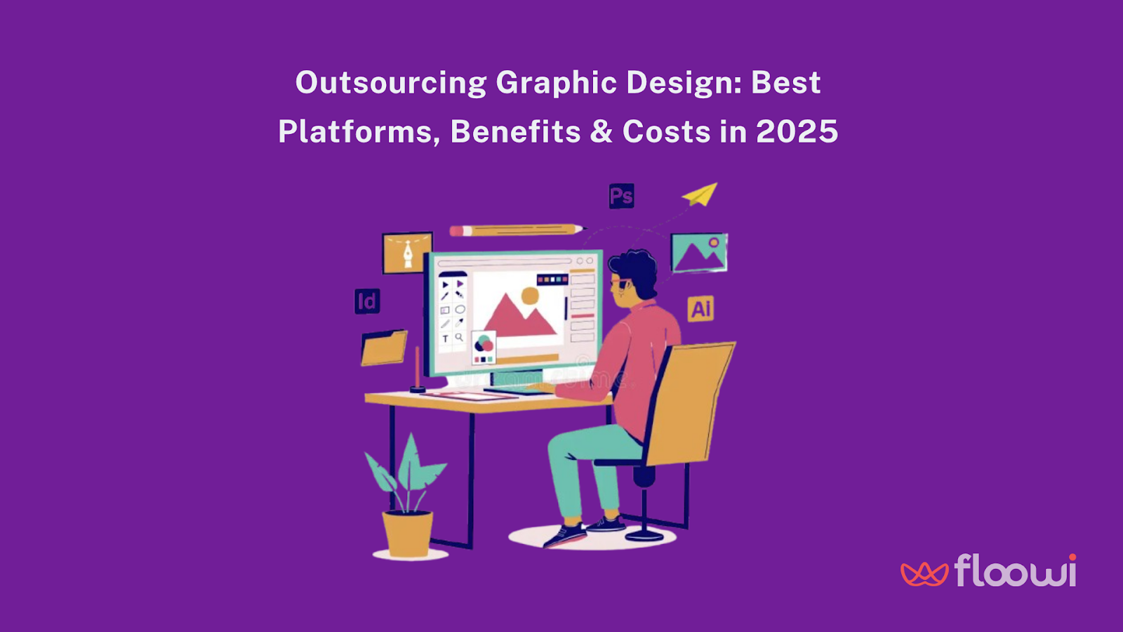 Digital illustration with purple background titled "Outsourcing Graphic Design: Best Platforms, Benefits & Costs in 2025". Shows a person working on graphic design at a computer with a design interface. Surrounded by software icons like Photoshop, Illustrator, and InDesign. Includes decorative plant and Floowi branding.