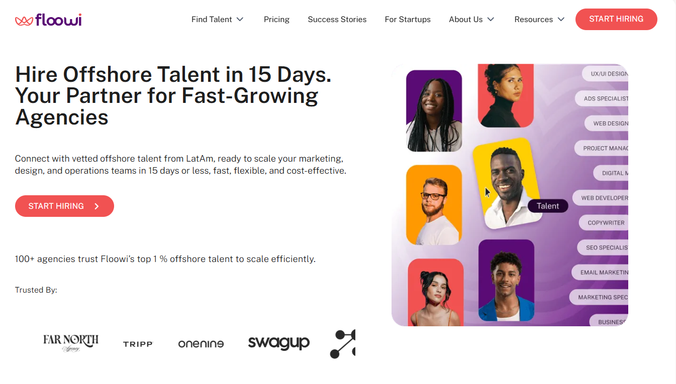 Promotional webpage for Floowi with headline "Hire Offshore Talent in 15 Days." Features LATAM professional profiles (designers, marketers, developers, managers), red "Start Hiring" button, and logos of partner agencies. Top navigation includes links to talent, pricing, success stories, and resources. Floowi branding included.