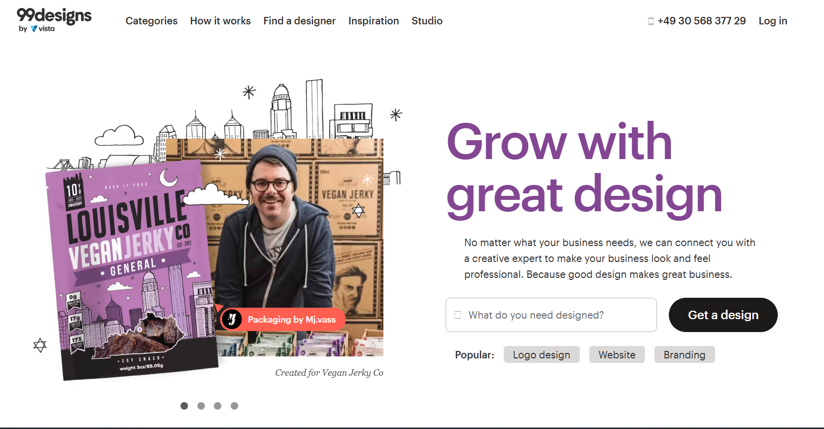 Screenshot of 99designs homepage featuring the message "Grow with great design." Includes photo of smiling person with illustrated "Vegan Jerky" backdrop, packaging design for "Louisville Vegan Jerky General Tso," search bar "What do you need designed?" and popular categories like logo, website, and branding. 99designs branding included.