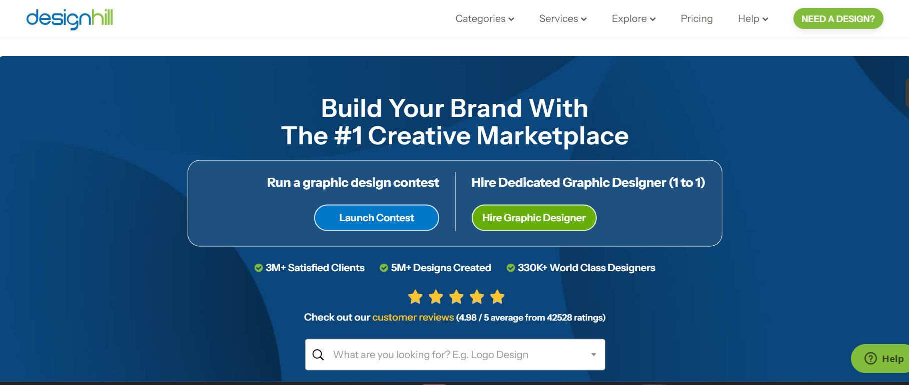 Screenshot of Designhill homepage featuring the message "Build Your Brand With The #1 Creative Marketplace." Includes buttons for launching a contest or hiring a designer, platform stats, 4.8/5 rating, search bar "What are you looking for?", and top navigation with categories, services, and pricing. Designhill branding included.