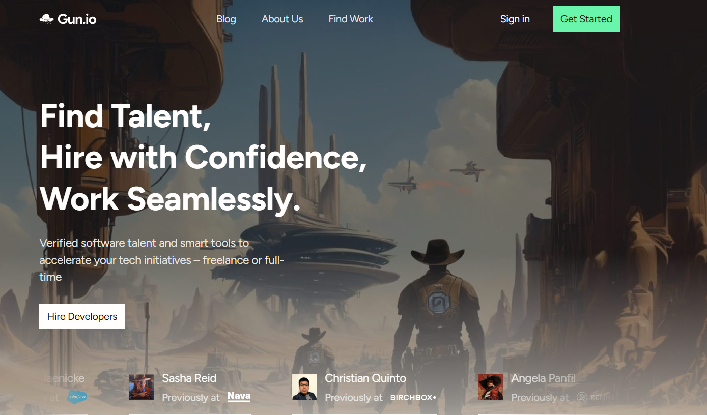 Screenshot of Gun.io homepage with sci-fi themed background: cowboy figure facing futuristic city with flying vehicles. Message "Find Talent, Hire with Confidence, Work Seamlessly," developer profiles with past affiliations (Nava, Birchbox), and "Hire Developers" button. Top navigation includes blog, work, and sign-in links. Gun.io branding included.