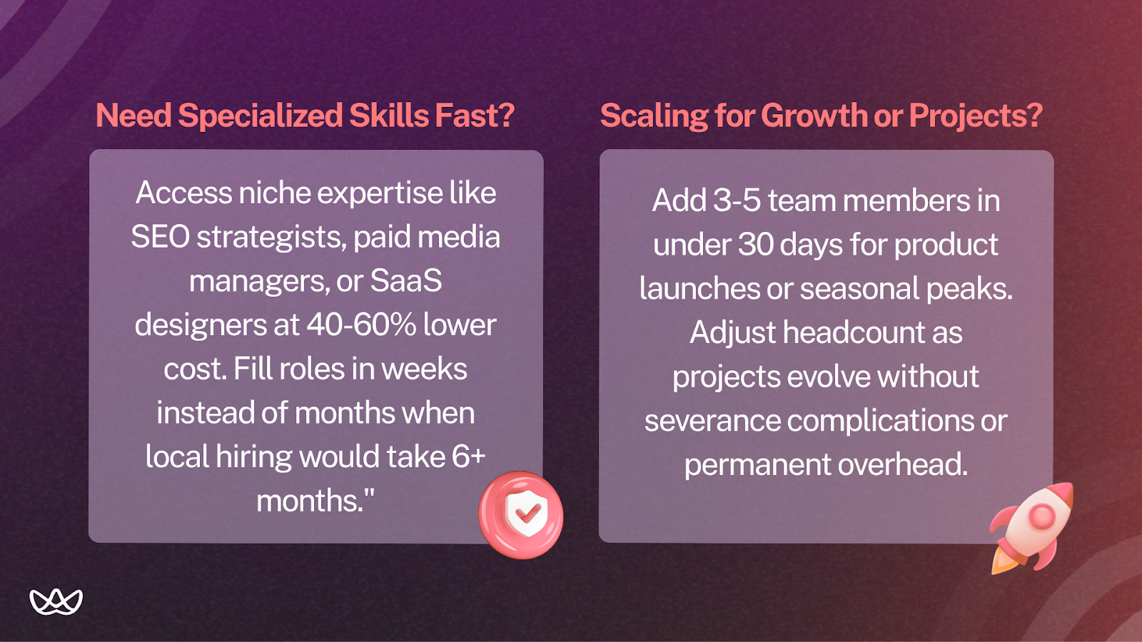 Split graphic highlighting offshore staff augmentation benefits: fast access to SEO, paid media, and SaaS design experts with 40–60% savings, plus ability to add 3–5 team members in under 30 days for launches or seasonal peaks. Emphasizes flexibility and efficiency.