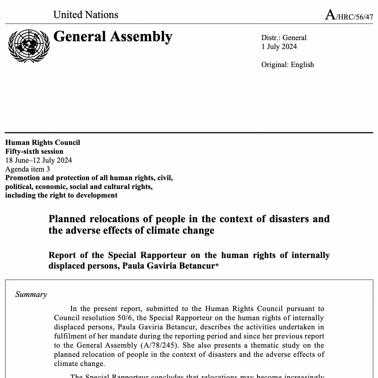 Planned relocations of people in the context of disasters and
the adverse effects of climate change, United Nations Human Rights Council
