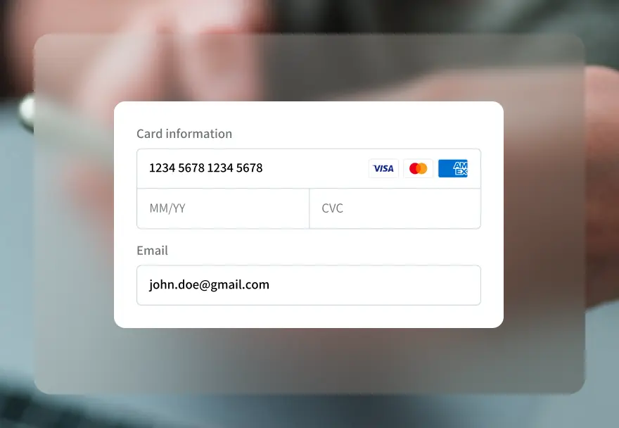 Payment form with card information fields including card number, expiration date, CVC, and an email input filled with john.doe@gmail.com.