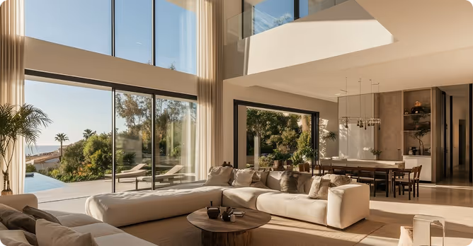 A spacious living room with large windows, modern furniture, and a view of a pool and trees.