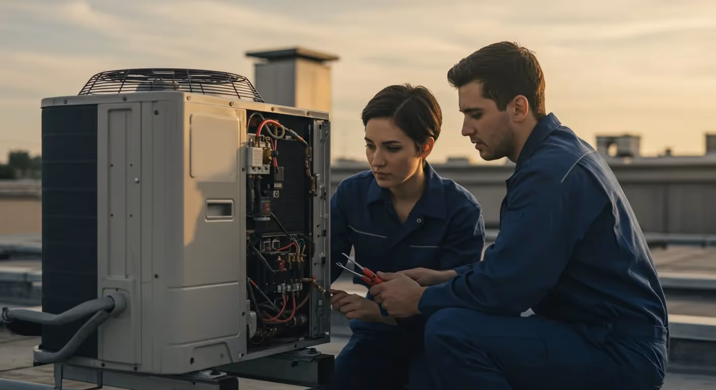 Two technicians servicing a rooftop HVAC unit.