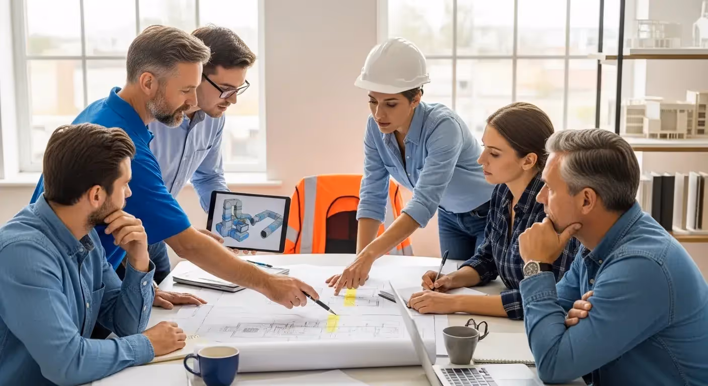 A team of diverse engineers reviews blueprints and a digital 3D model on a tablet for an HVAC system design.