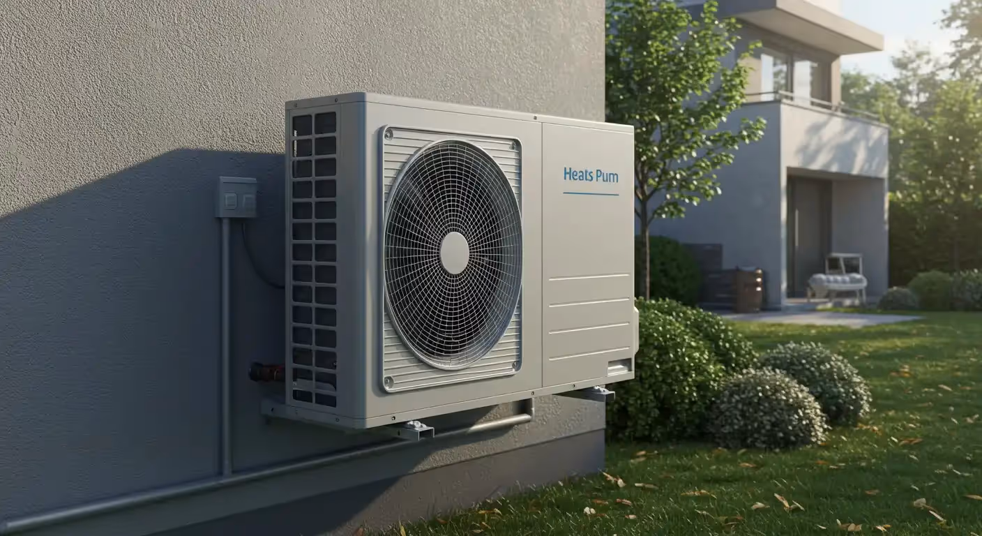 An outdoor residential heat pump unit mounted on the side of a modern gray house in a sunny yard.