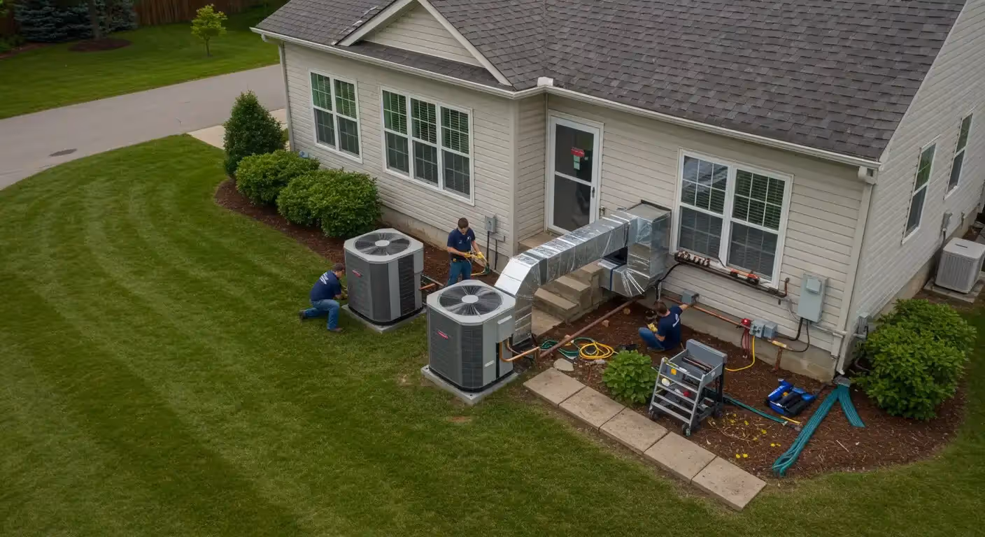Workers install outdoor HVAC system components.