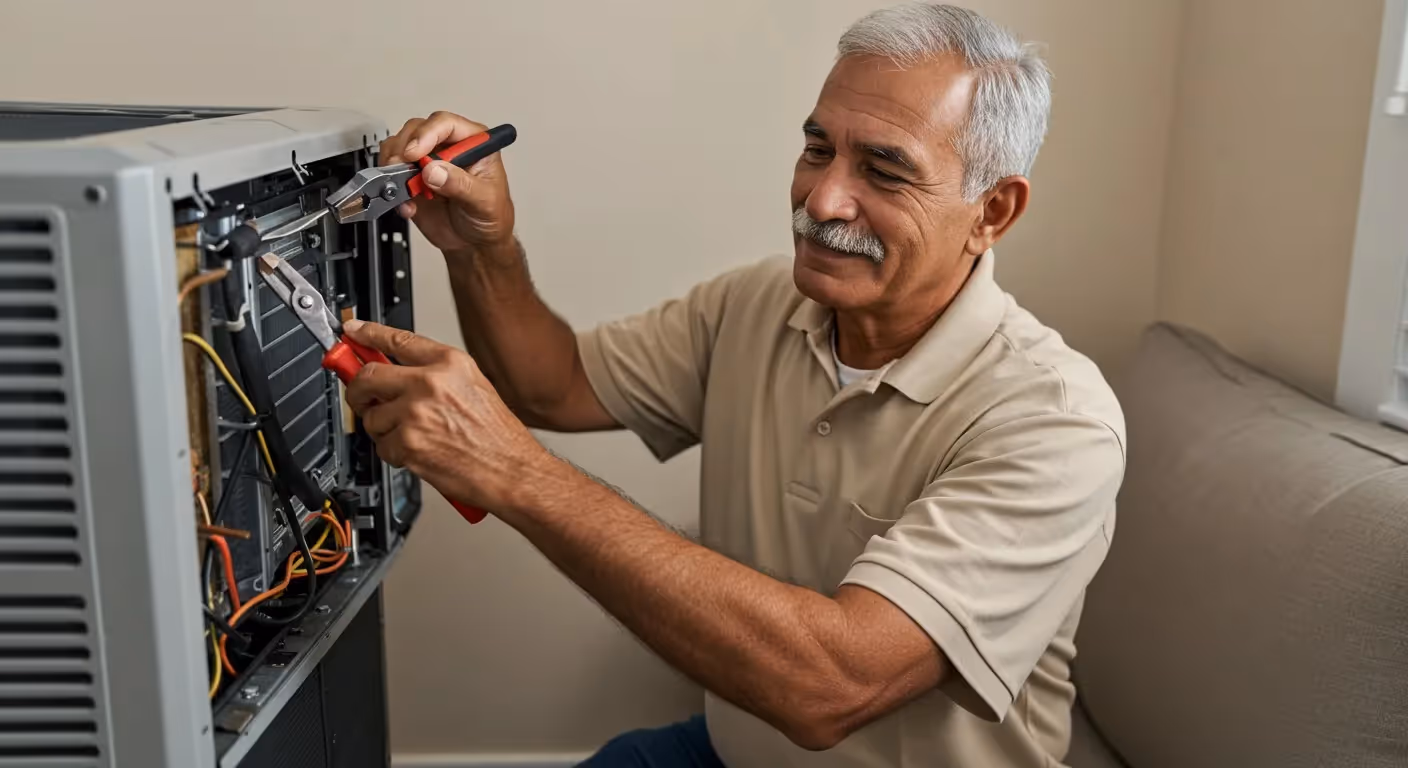 Experienced technician repairing indoor HVAC unit.