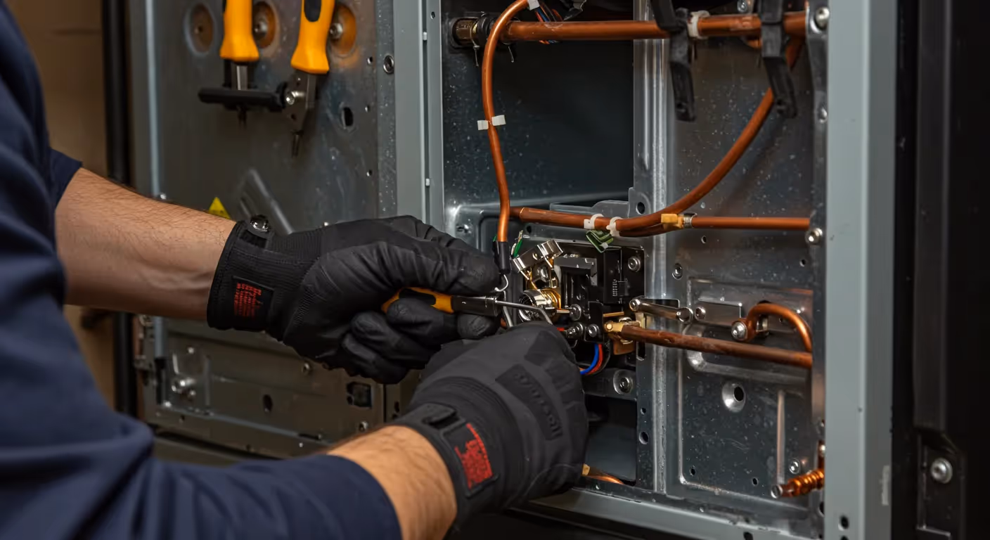 A close-up of a technician's gloved hands using a small tool to tighten a connection on a furnace's copper pipes.