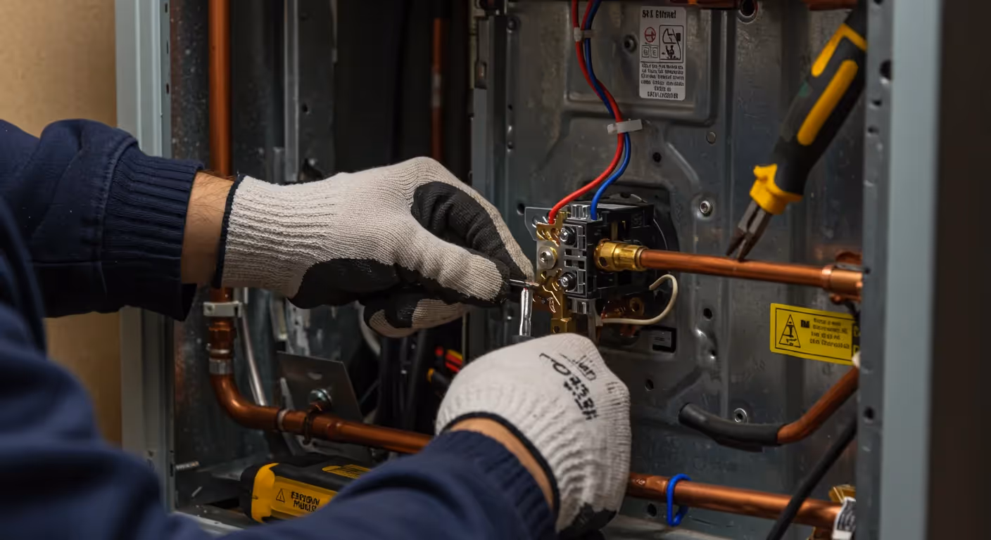 A close-up of a technician's gloved hands adjusting a brass fitting on a furnace with a screwdriver.
