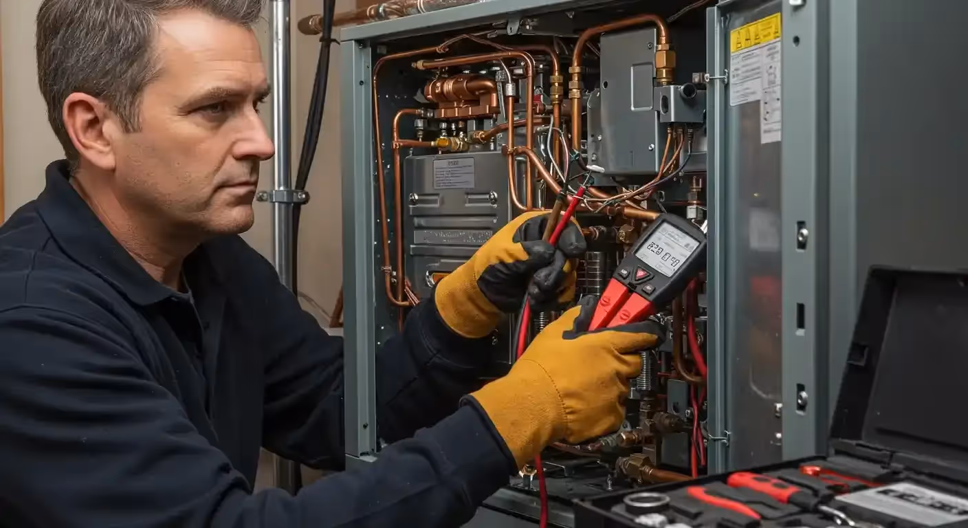 A technician in black and yellow gloves holds a red multi-meter to test a furnace's internal wiring and components.