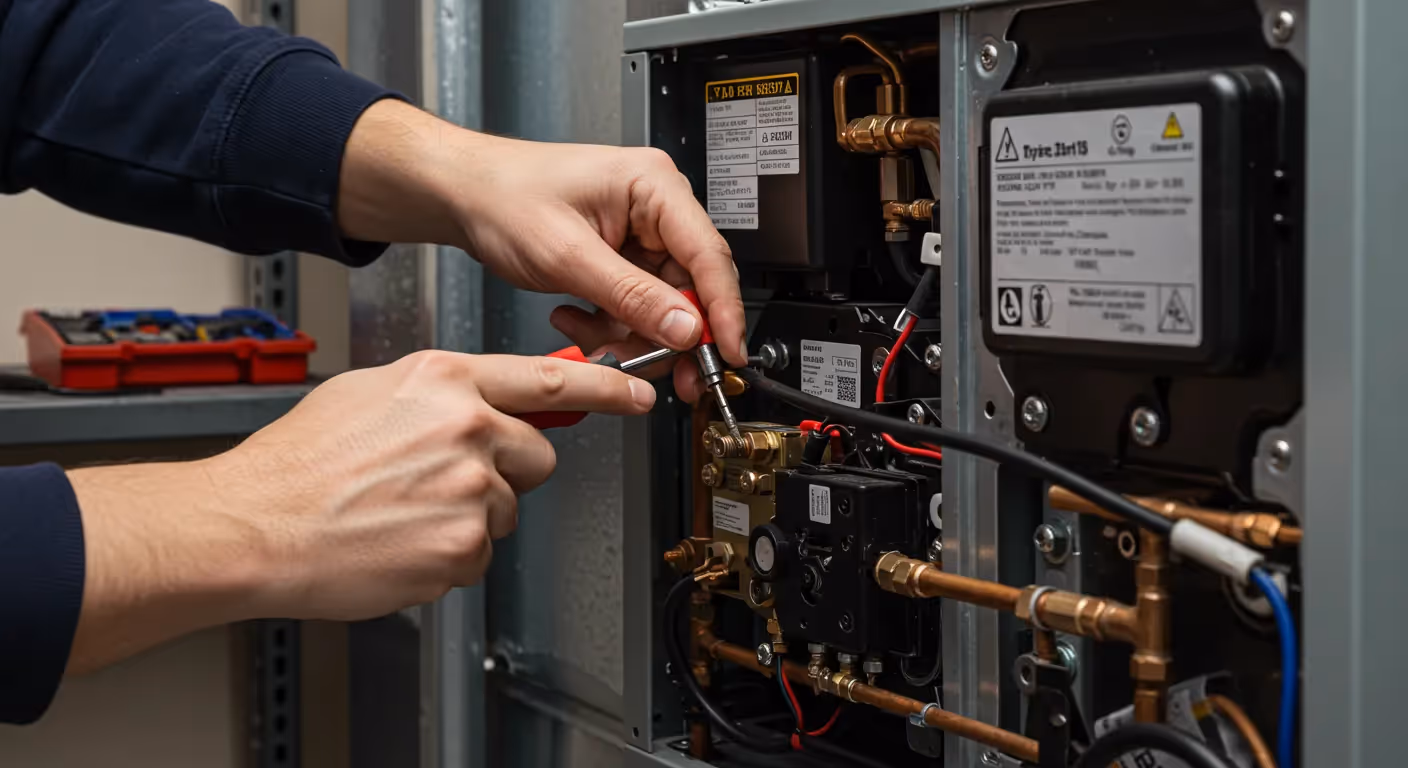 A close-up of a technician's hands using a screwdriver to service a complex system of brass pipes and wires within a furnace.