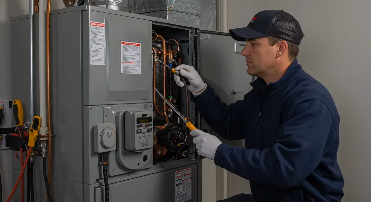 A technician in a hat and white gloves uses a long screwdriver to make an adjustment inside a furnace.