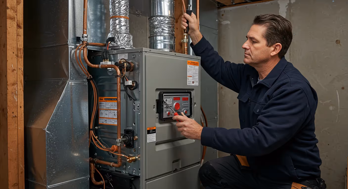 An HVAC technician wearing a blue fleece jacket adjusting a part on a furnace using a wrench