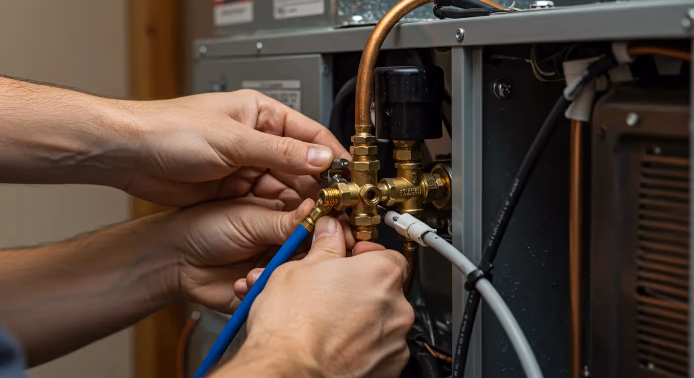 A close-up shot of an HVAC technician's hands connecting a blue service hose to a brass refrigerant valve assembly on a furnace, air handler, or heat pump. The surrounding electrical wiring and copper tubing are also visible.