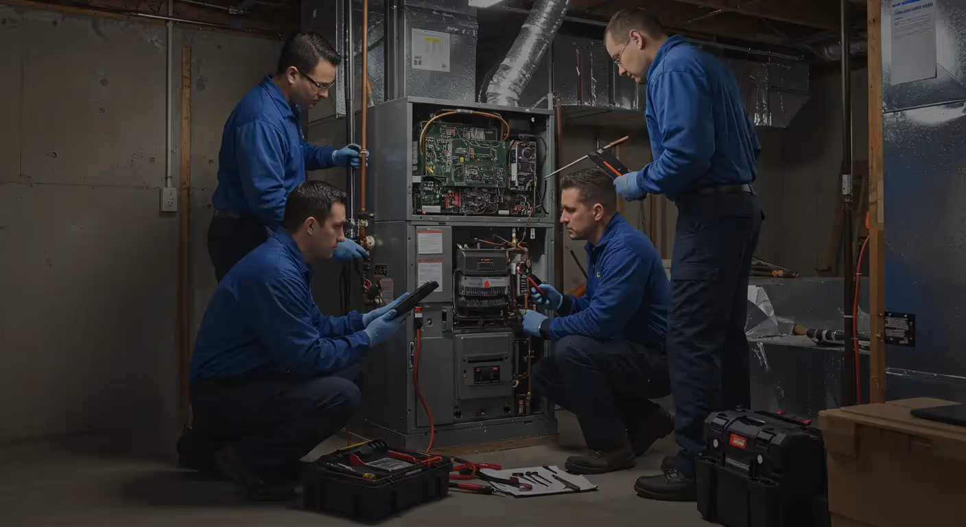 Four HVAC technicians, all wearing matching blue shirts and light blue gloves, are performing diagnostics and service on a large, central furnace or air handler unit in a basement or utility room. The unit's main access panel is removed, exposing the control board and internal components. The technicians are inspecting the unit, reading a tablet, and using tools, demonstrating a team-based HVAC repair scenario.