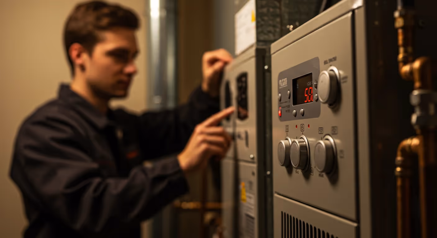 A close-up, shallow depth of field shot shows a male HVAC technician in a dark uniform working on an indoor furnace or boiler unit. The unit's digital control panel is in sharp focus, displaying the number 58 in red, while the technician's hand is blurred as he adjusts a setting on an adjacent control panel.