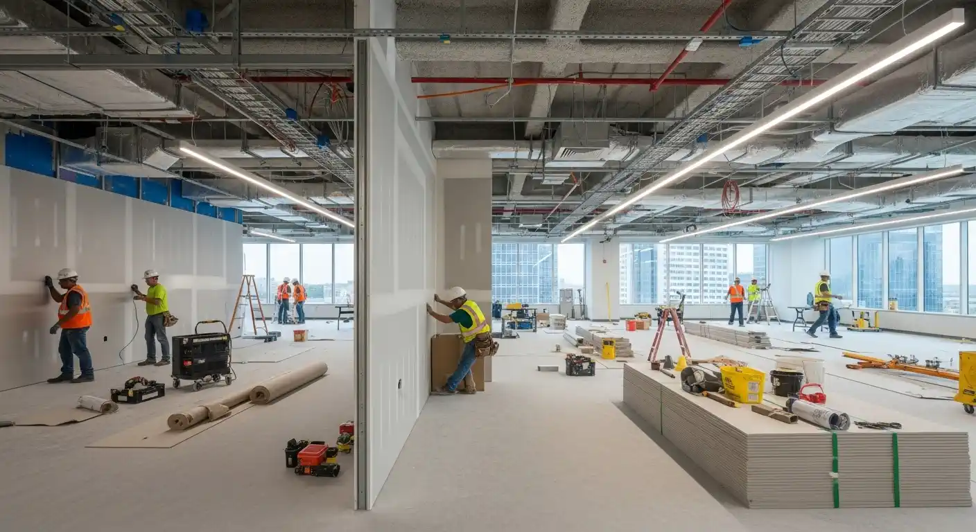 A construction site photo showing an office tenant finish-out in progress, with workers in high-visibility vests and hard hats installing drywall to create interior walls. The space has large windows offering a view of a city skyline. Stacks of gypsum board and other construction materials, along with tools and extension cords, are scattered on the concrete floor. The ceiling is exposed, revealing HVAC ducts and a grid of temporary or permanent strip lighting.