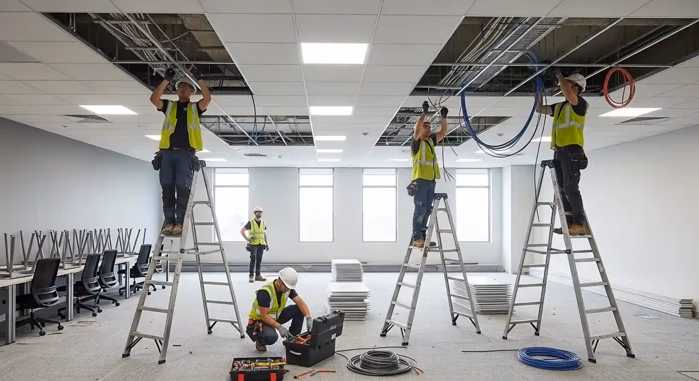 Construction crew installing a drop ceiling and running electrical wiring using ladders in a large office space.