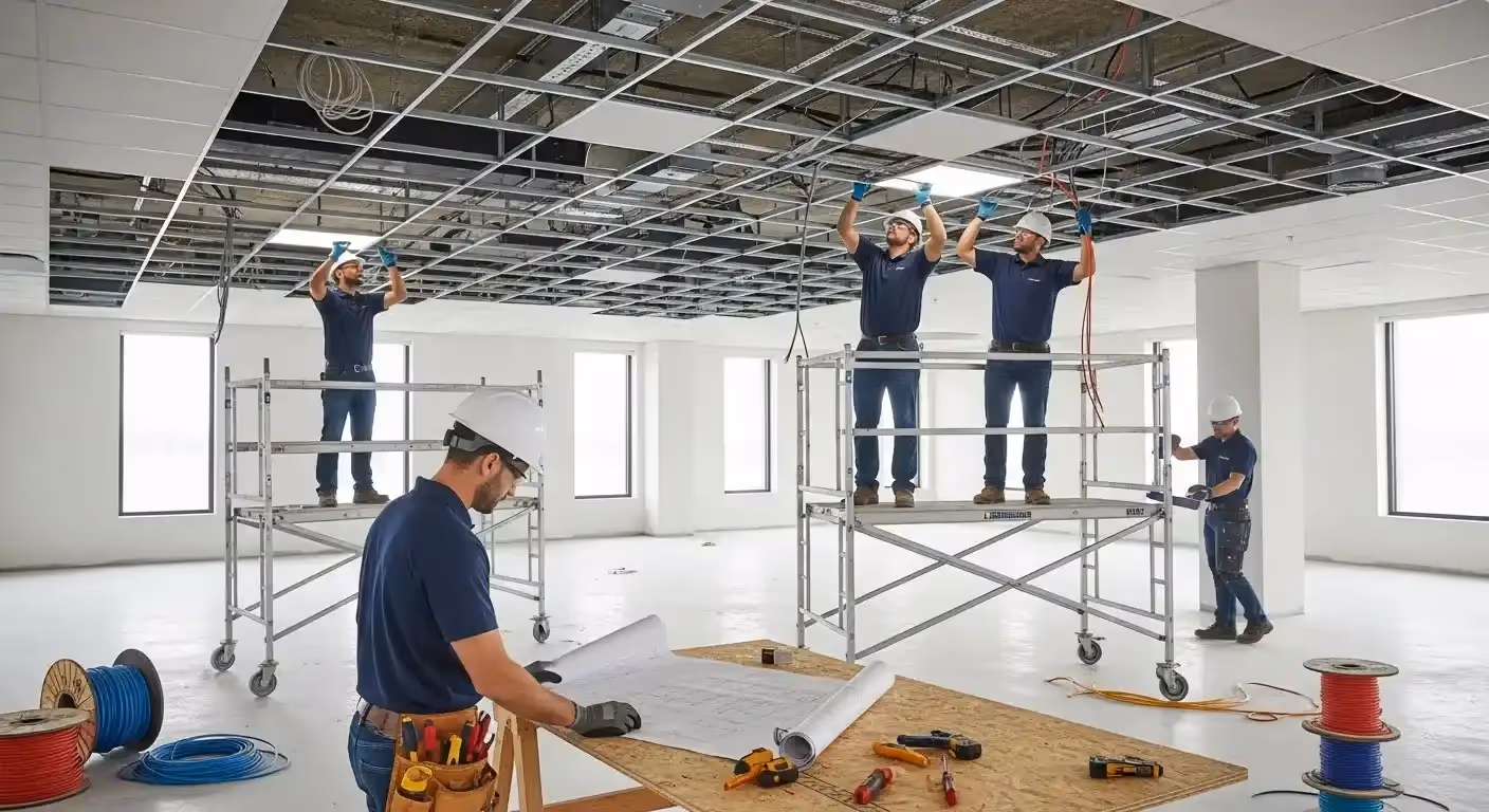Construction worker reviewing blueprints while team members on scaffolding install ceiling framework above.