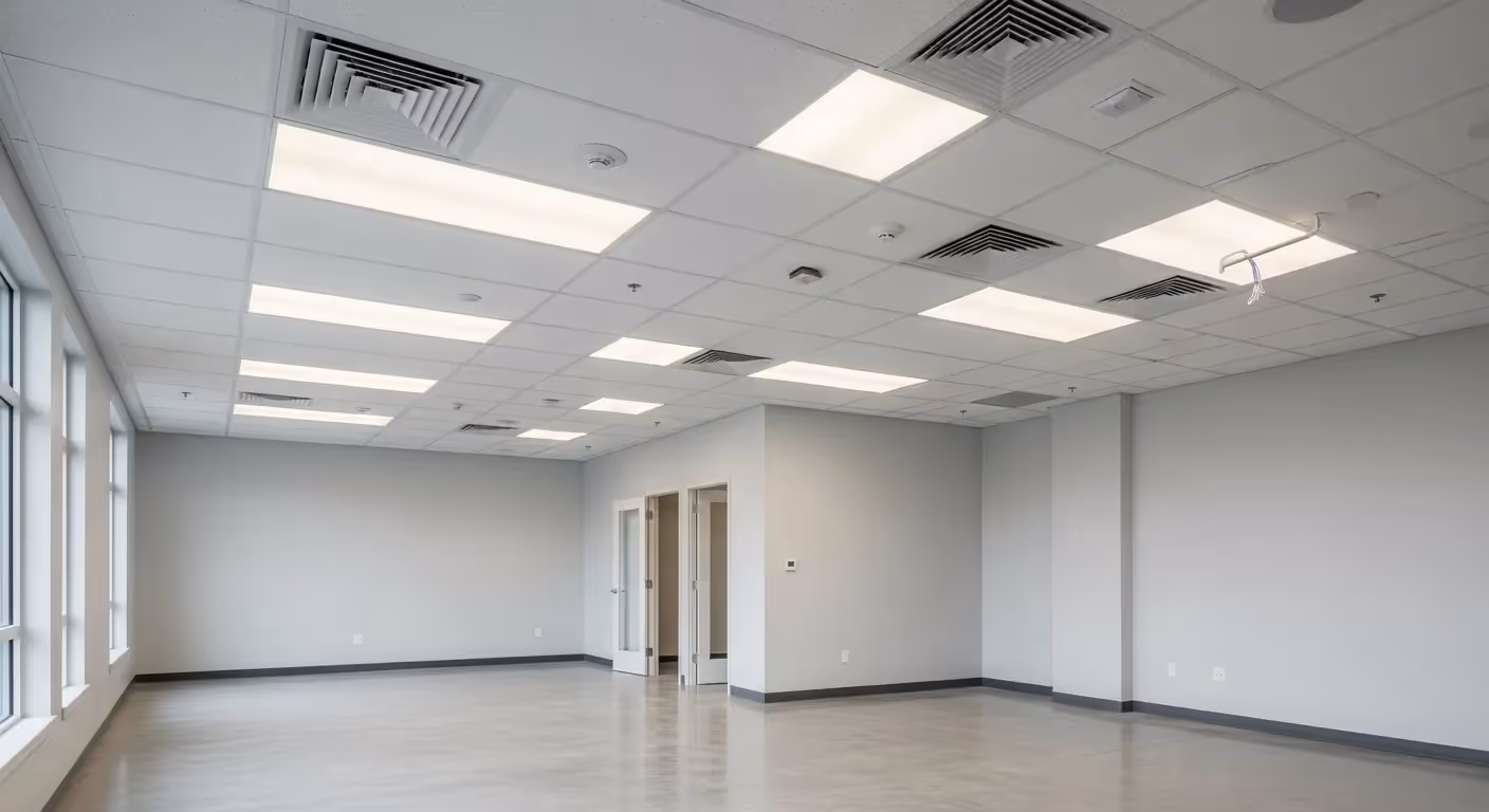 Completed tenant office with drop ceiling, large rectangular light panels, gray walls, and an interior doorway.