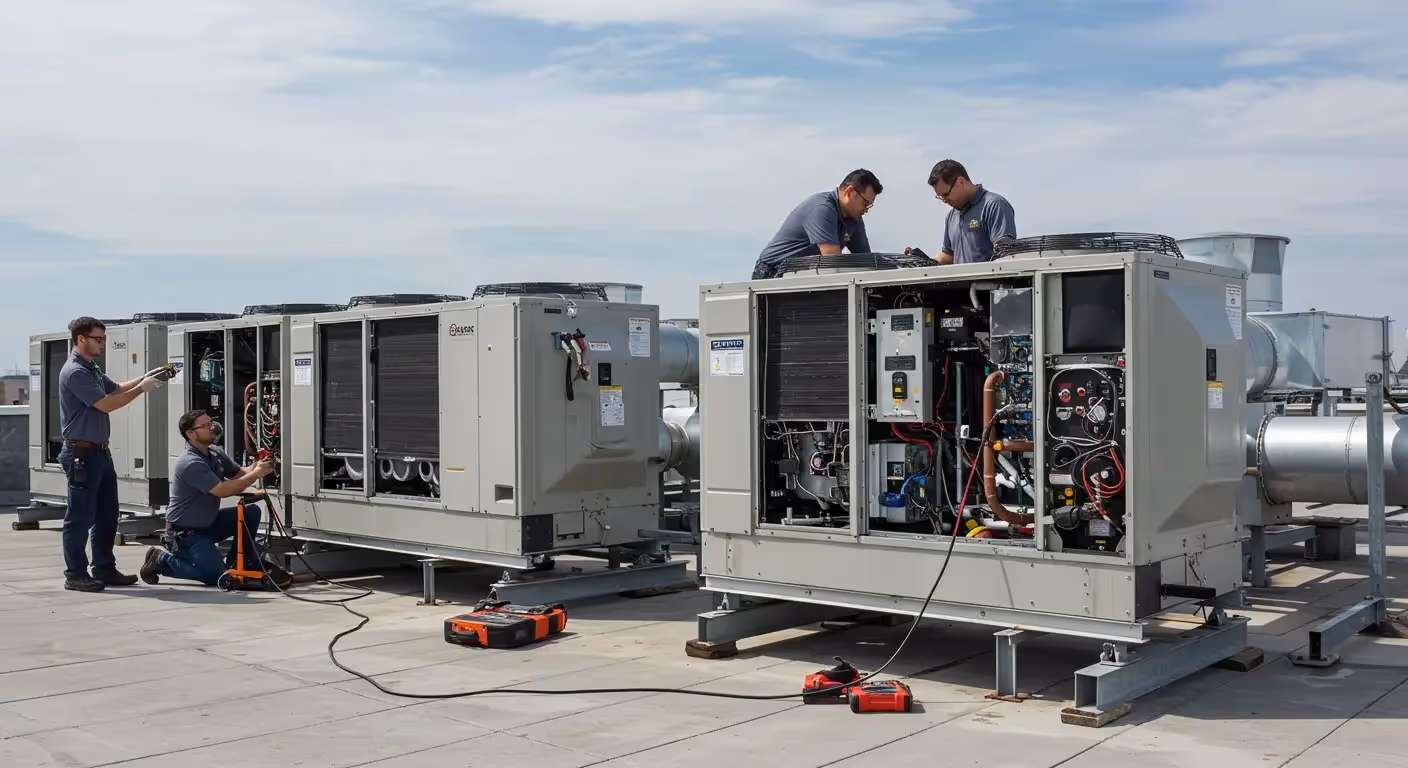 Technicians service rooftop commercial HVAC units.