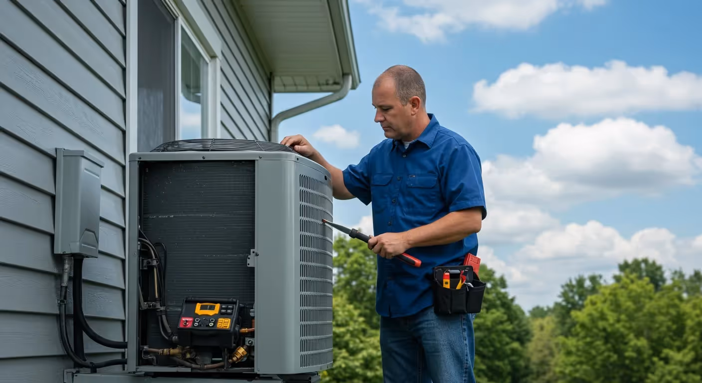 Technician services outdoor AC condenser unit.
