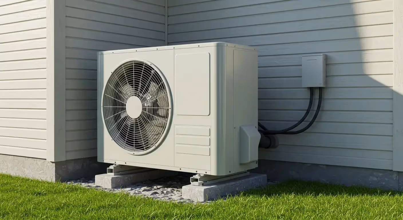 A sleek, white heat pump unit is elevated on concrete blocks on a gravel bed next to a white-sided house and a lush green lawn.