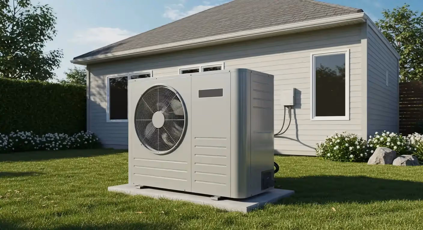 A compact, gray heat pump unit is installed on a concrete pad next to a light gray house with green bushes in the background.