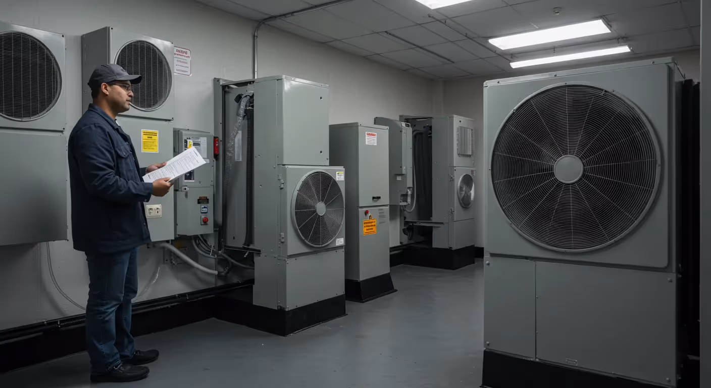 A male HVAC technician wearing a dark shirt, jeans, and a baseball cap is standing in a brightly lit commercial mechanical room full of gray industrial HVAC units. He is holding and reviewing a document or checklist. The units are a mix of wall-mounted and floor-standing units, some featuring large, circular fan grilles and electrical control boxes with safety warnings. The room has light gray walls and floor, with fluorescent lighting on the ceiling.
