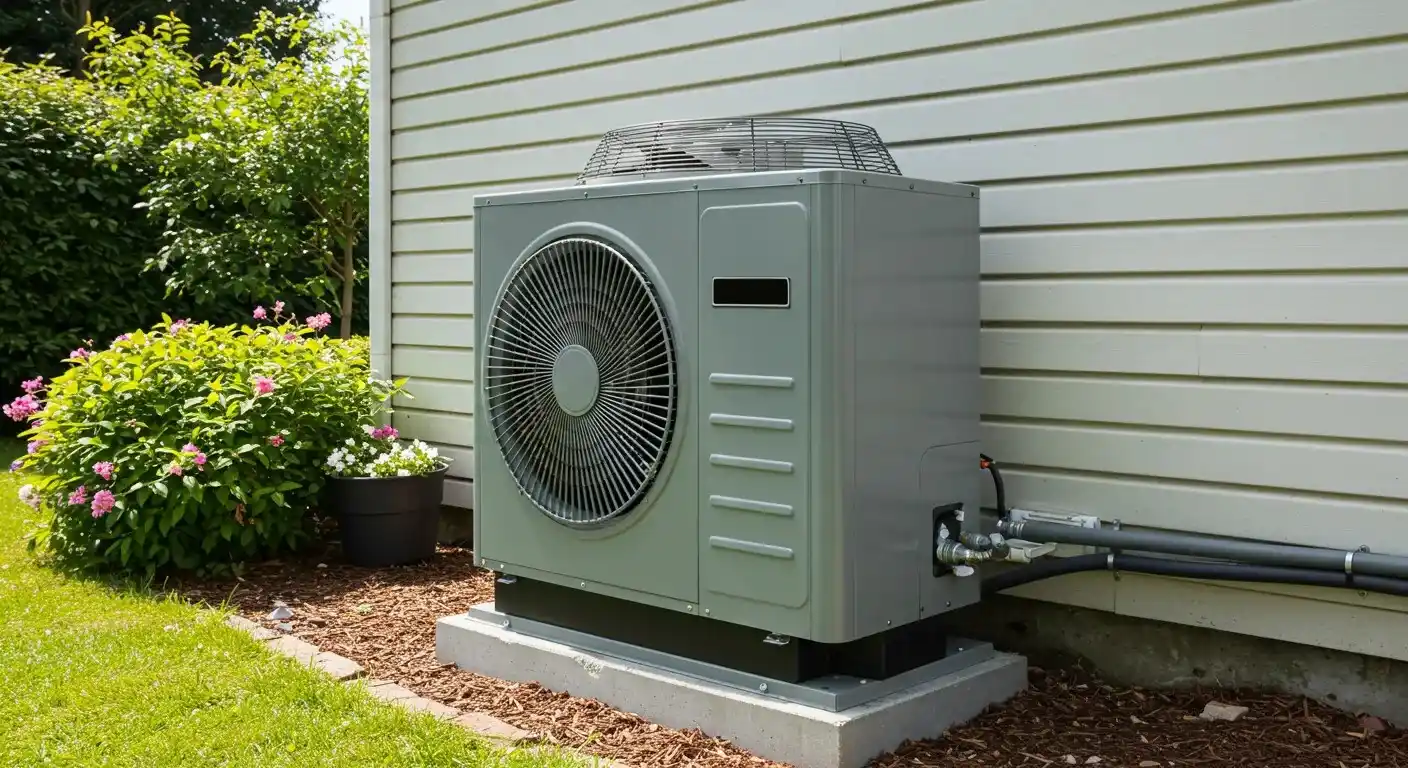 A gray heat pump unit is placed on a concrete slab in a garden setting next to a white-sided house with green bushes and flowers.