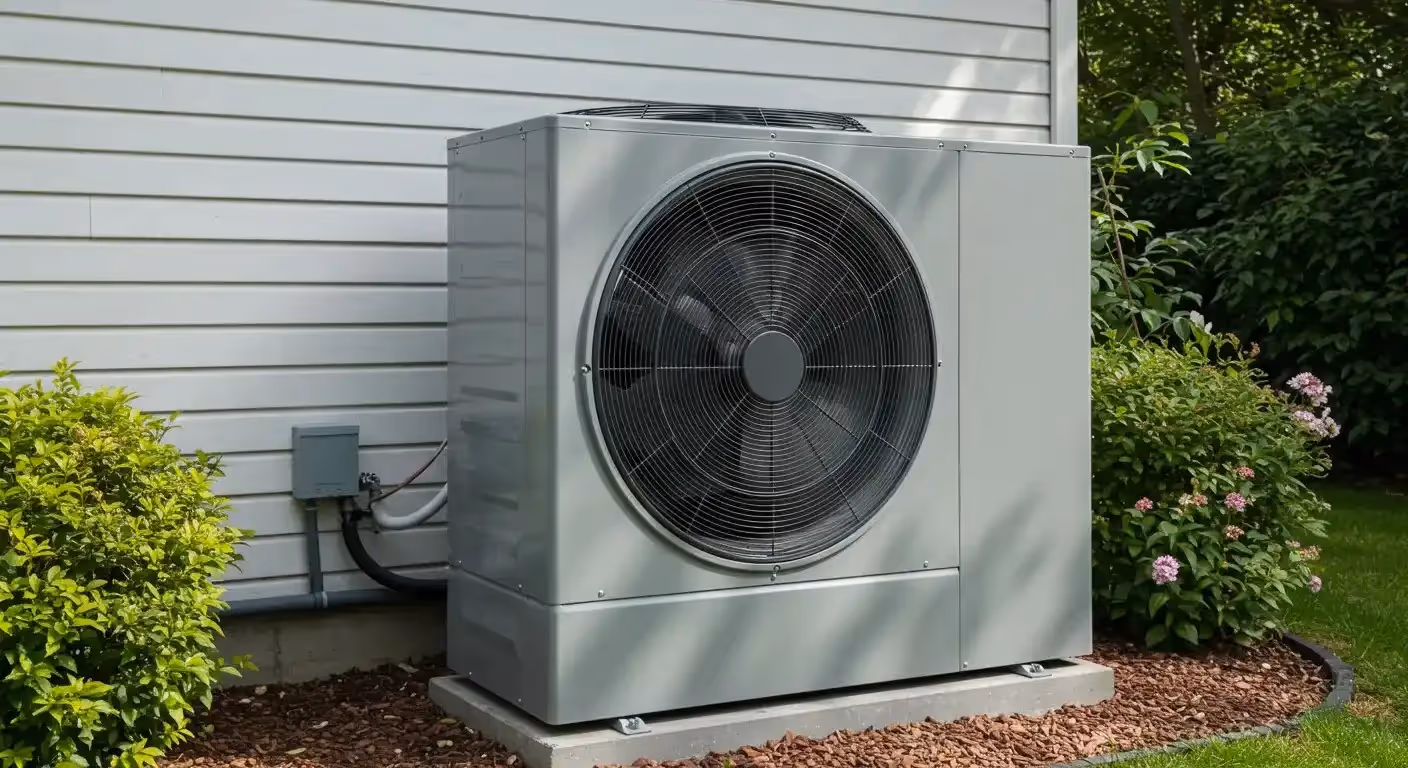 A large, gray heat pump unit is installed on a concrete pad with black risers, next to a white-sided house and green bushes.