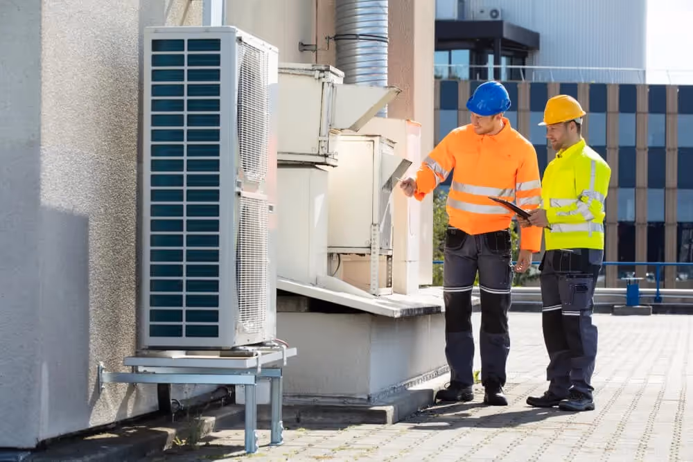 Technicians inspect rooftop AC condenser units.
