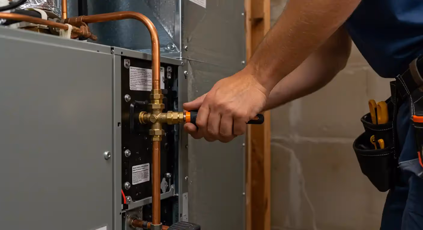 A close-up shot of a technician's hands working on the plumbing connections of an HVAC unit. The technician, who appears to be wearing a tool belt, is using a wrench to tighten or adjust a brass valve assembly that is connected to copper piping running into a gray metal unit. The background shows exposed wooden framing and ductwork.