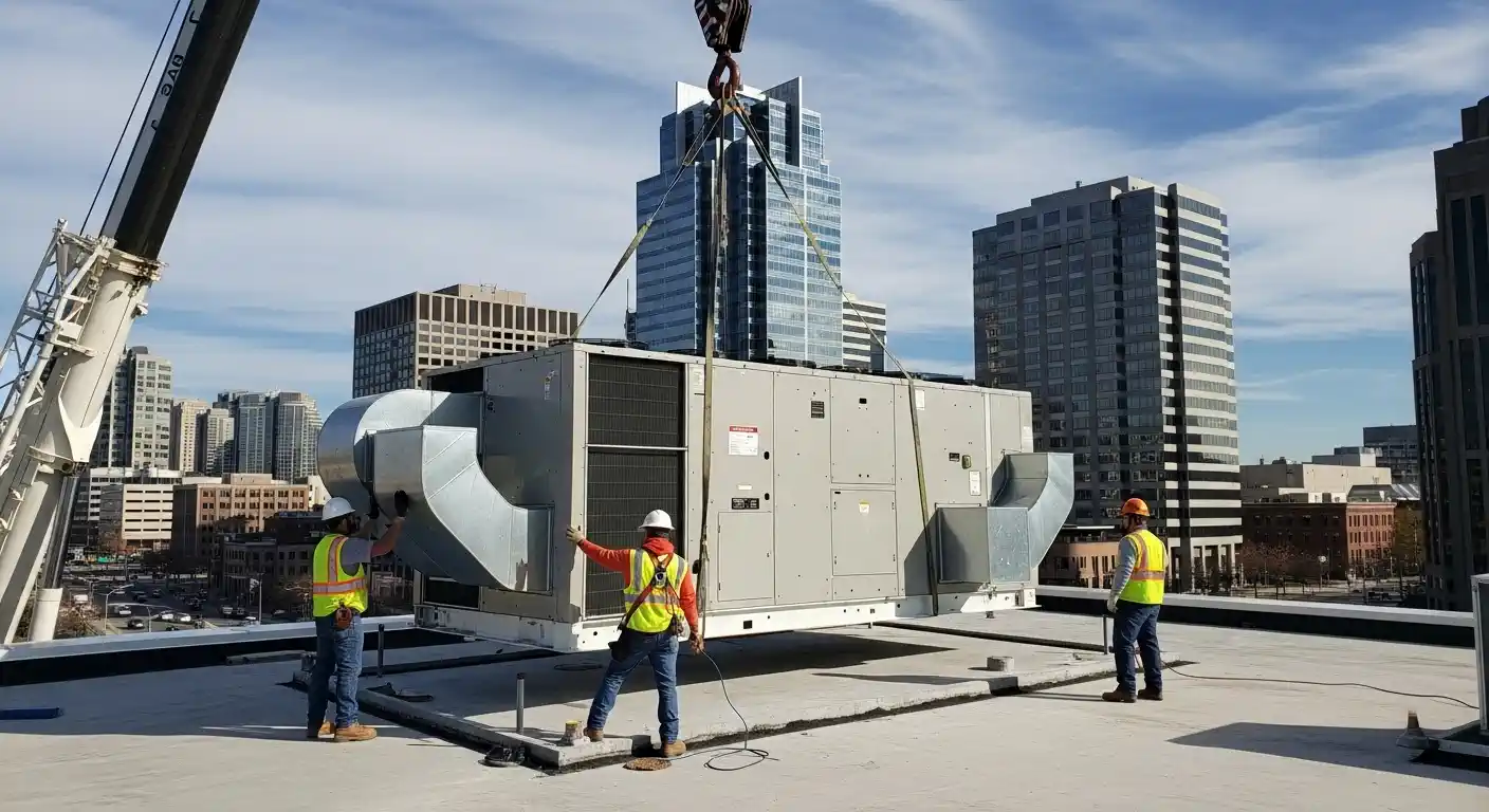 A photograph of a crane lift operation installing a large, gray commercial rooftop HVAC unit (RTU) onto a building roof. Three construction workers in hard hats and high-visibility safety vests are guiding the unit into place using attached ropes. The unit is suspended by thick yellow straps connected to the crane's hook, visible at the top of the frame. The background features a city skyline with tall buildings under a blue, partly cloudy sky.