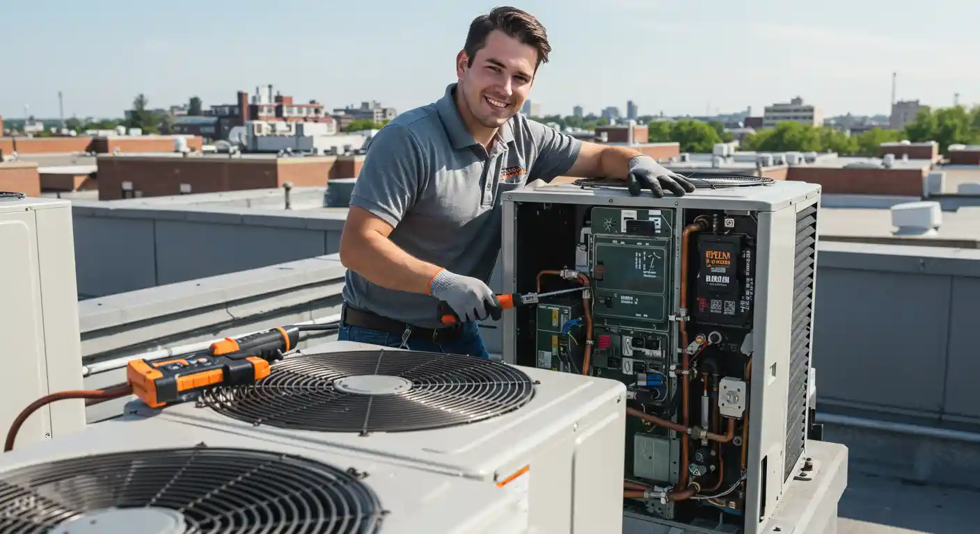  A smiling, male HVAC technician wearing a gray polo shirt and work gloves is servicing a commercial rooftop HVAC unit on a sunny day. He is using a screwdriver to work on the exposed internal controls and wiring of one unit, while another identical unit is visible in the foreground. An orange and black multimeter or diagnostic tool is resting on the fan grille of the front unit. The background shows a cityscape under a clear blue sky.