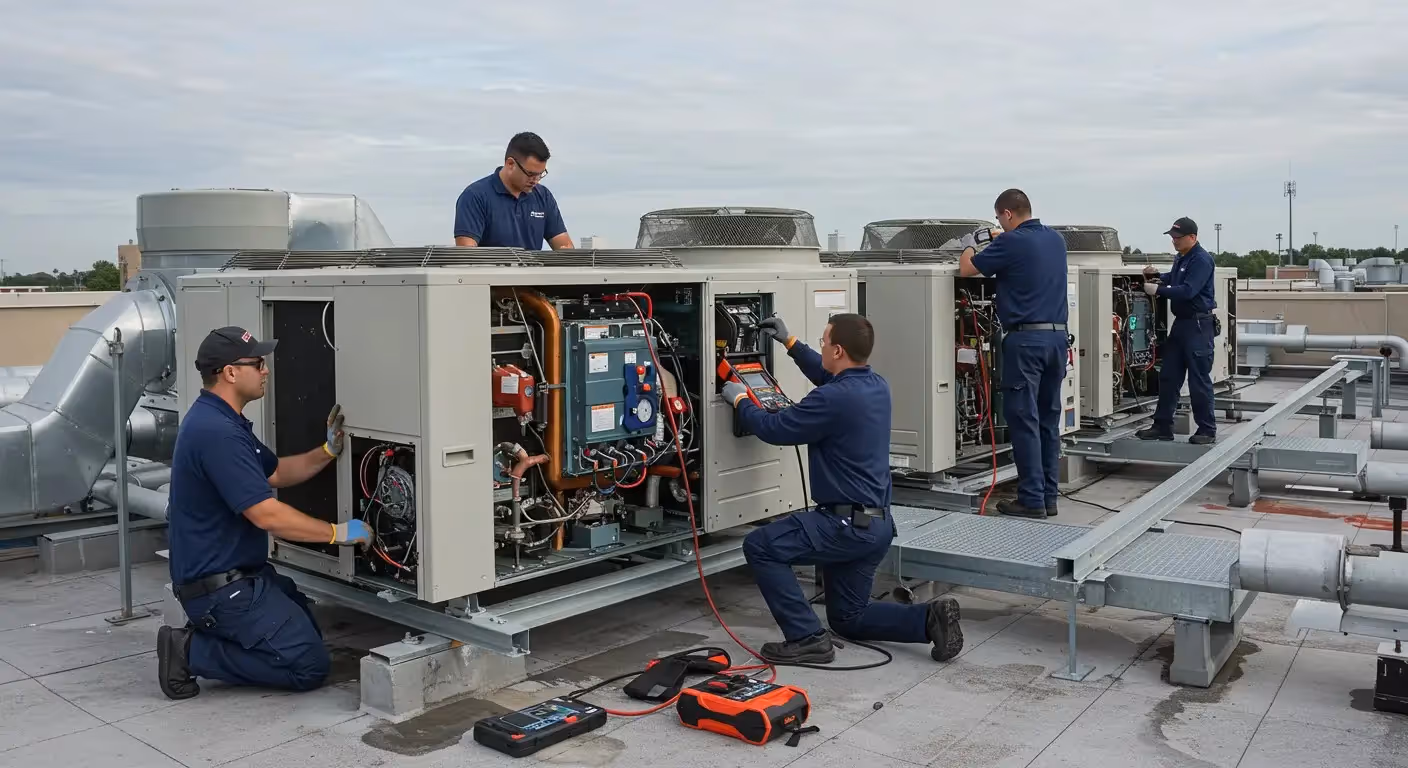 Four technicians service rooftop HVAC units.
