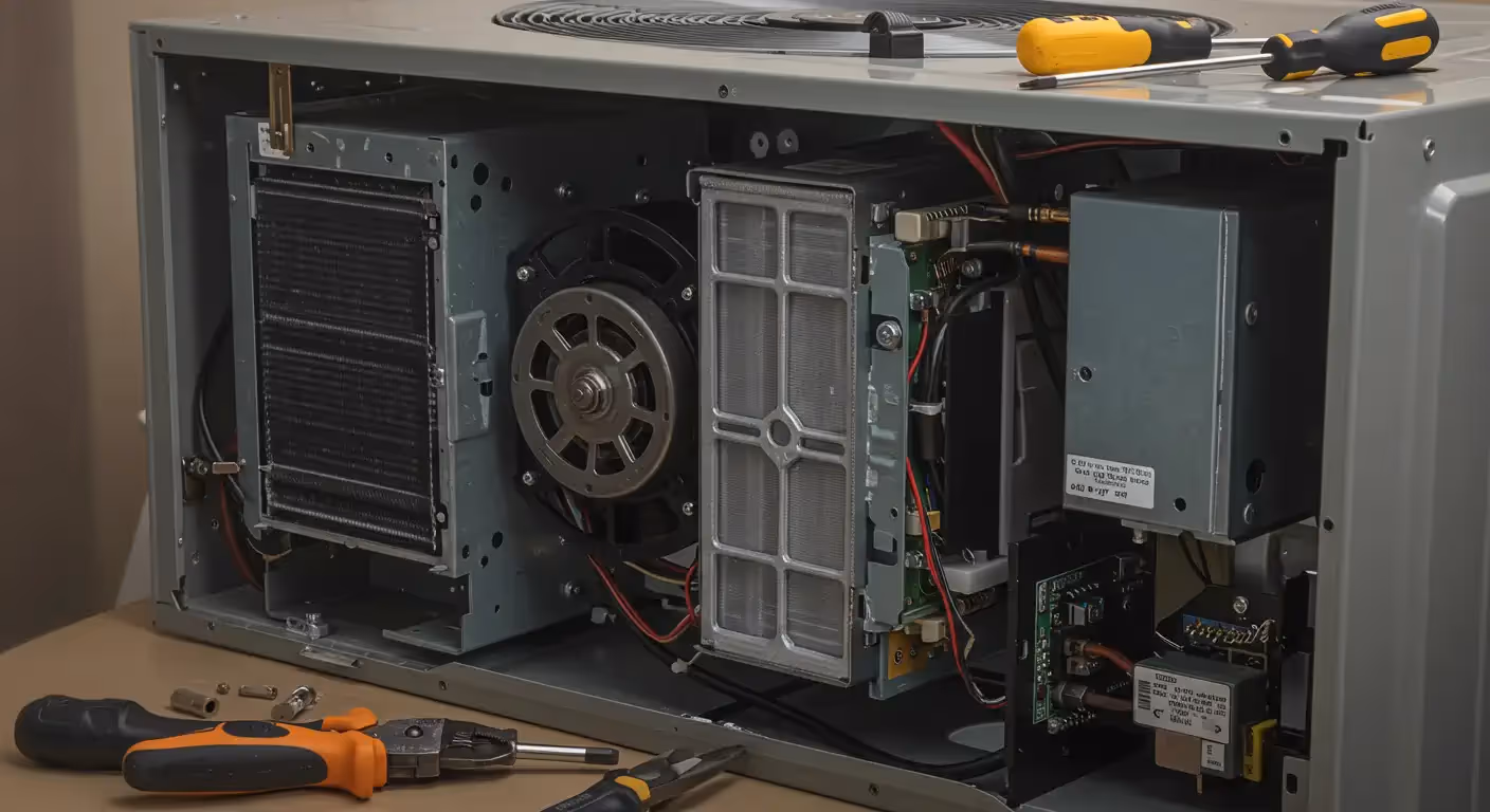 A close-up view of the internal components of an outdoor mini-split heat pump or air conditioner condenser unit with its cover removed. Visible components include the heat exchange coil, a fan motor in the center, and a filter or screen assembly. Various circuit boards and wiring are also seen on the right, along with tools like screwdrivers and wire strippers placed nearby, indicating HVAC repair or maintenance work.