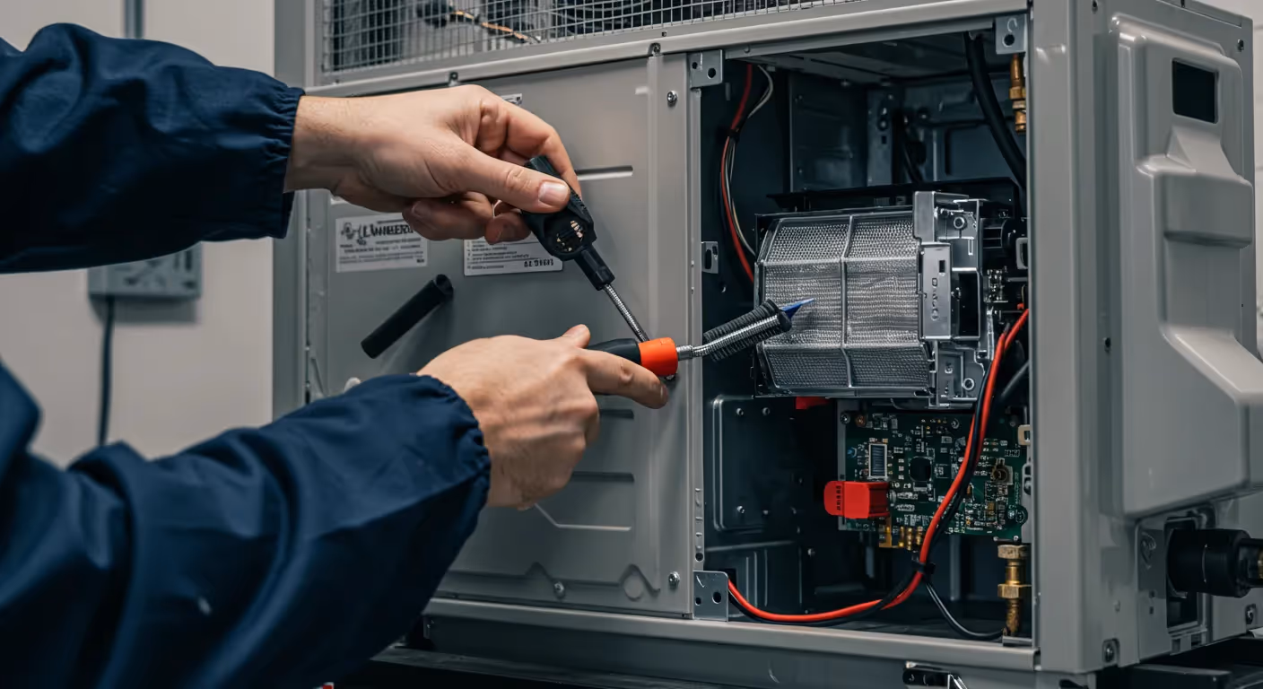 A close-up shot shows a technician's hands, wearing dark blue sleeves, using a screwdriver to perform maintenance on the internal components of a gray HVAC unit (likely a mini-split or heat pump). With the access panel removed, a circuit board with a red component and a metal screen/filter are visible inside the unit.