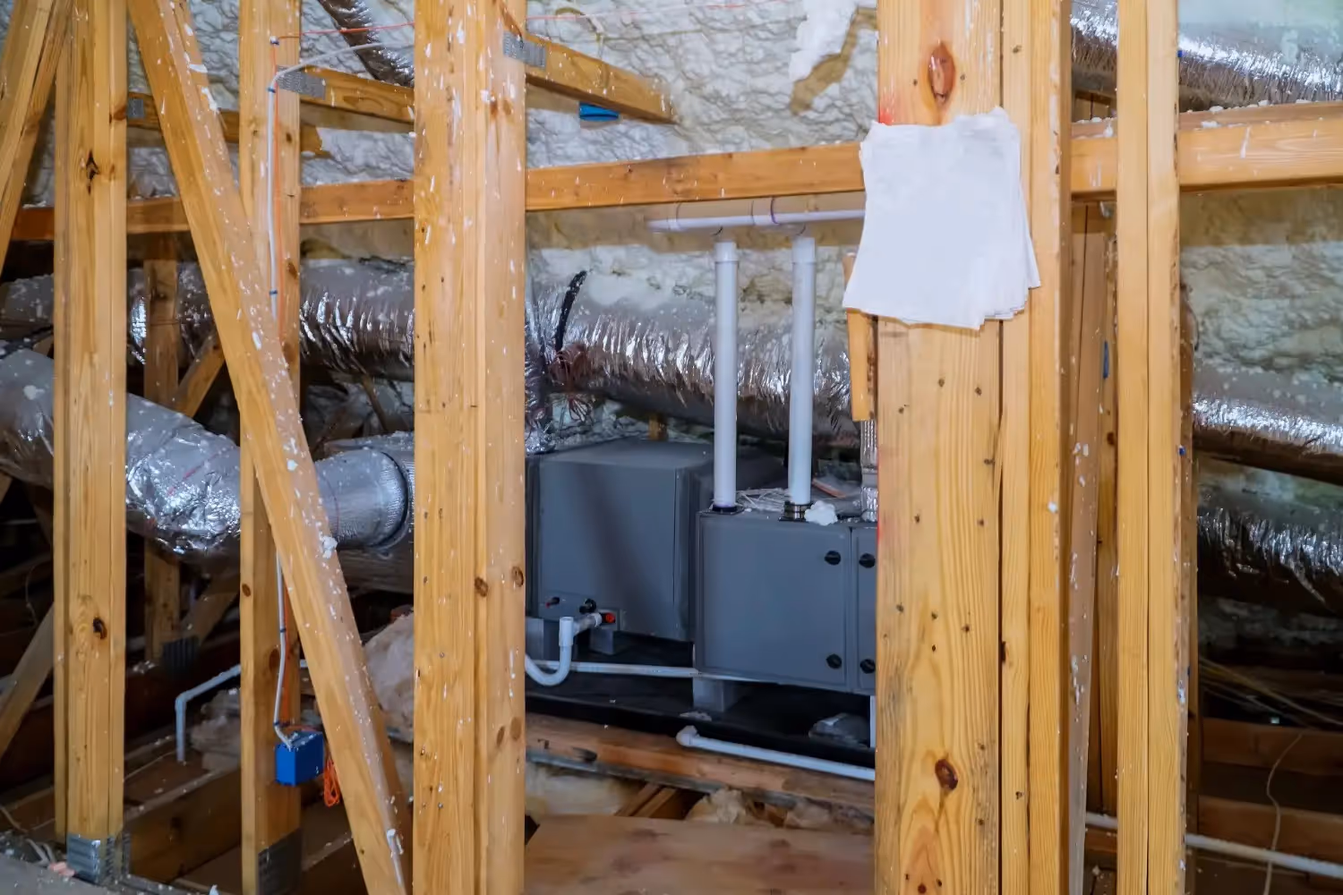 A new, compact gray HVAC air handler or furnace unit is installed in a tight attic space, surrounded by wooden roof trusses and framing. The attic is insulated with white spray foam insulation. Flexible silver insulated ductwork is connected to the unit, and white PVC condensate and drain pipes are visible in the foreground.