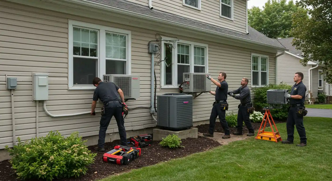 Technicians replace HVAC condenser units.