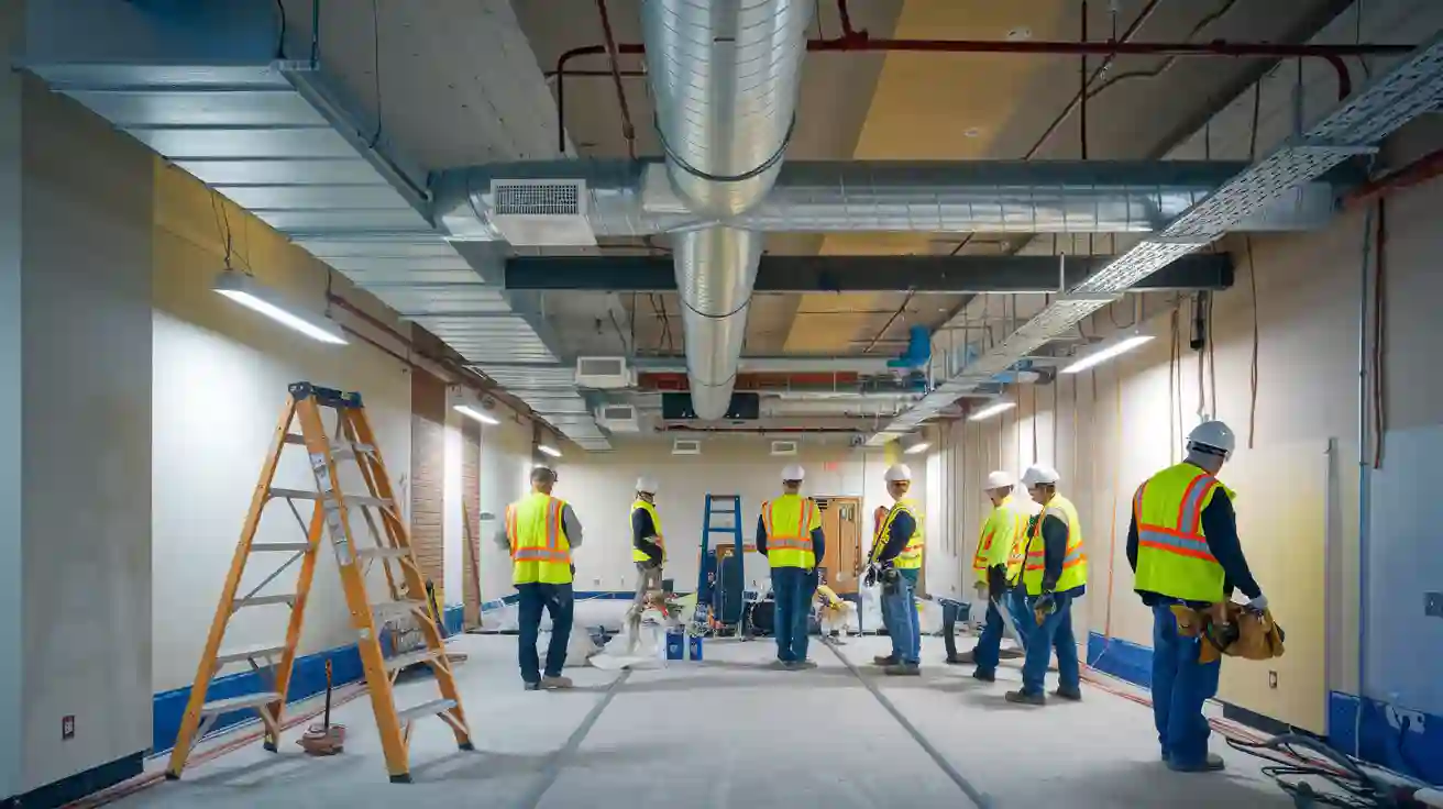 Construction workers inspect new HVAC ductwork.
