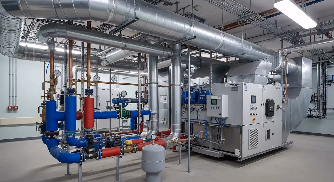 An expansive view of a large, complex HVAC mechanical room, featuring a substantial Air Handling Unit (AHU) on the right, connected to a vast network of overhead silver ductwork. A prominent cluster of bright red and blue pipes for hot and chilled water, along with multiple valves, gauges, and pumps, dominates the left side, illustrating the robust heating and cooling infrastructure required for a large commercial or medical facility.