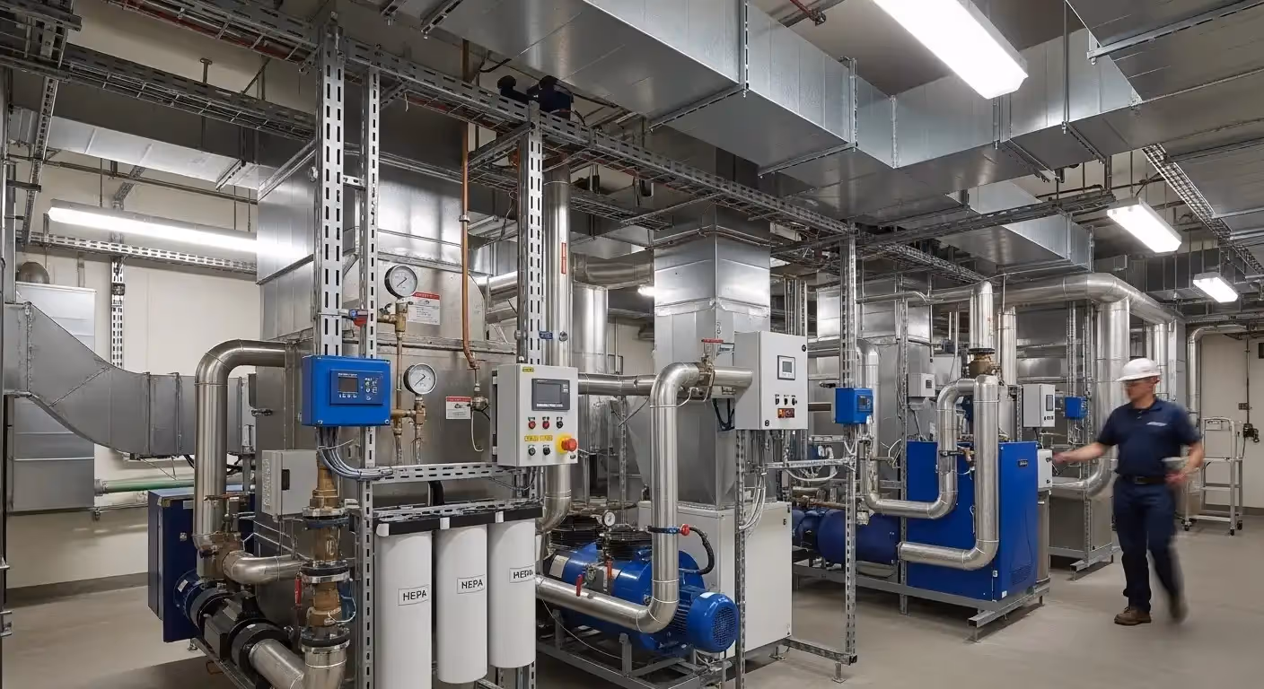 A bright, industrial image showing a large-scale, complex HVAC and air filtration system, likely in a medical or pharmaceutical cleanroom facility. The room contains multiple large air handling units and bright blue mechanical equipment, including pumps and motors. Prominently featured are three tall white HEPA filters on the left. Extensive silver ductwork, piping, control panels, and a male worker in a hard hat and blue uniform complete the scene.