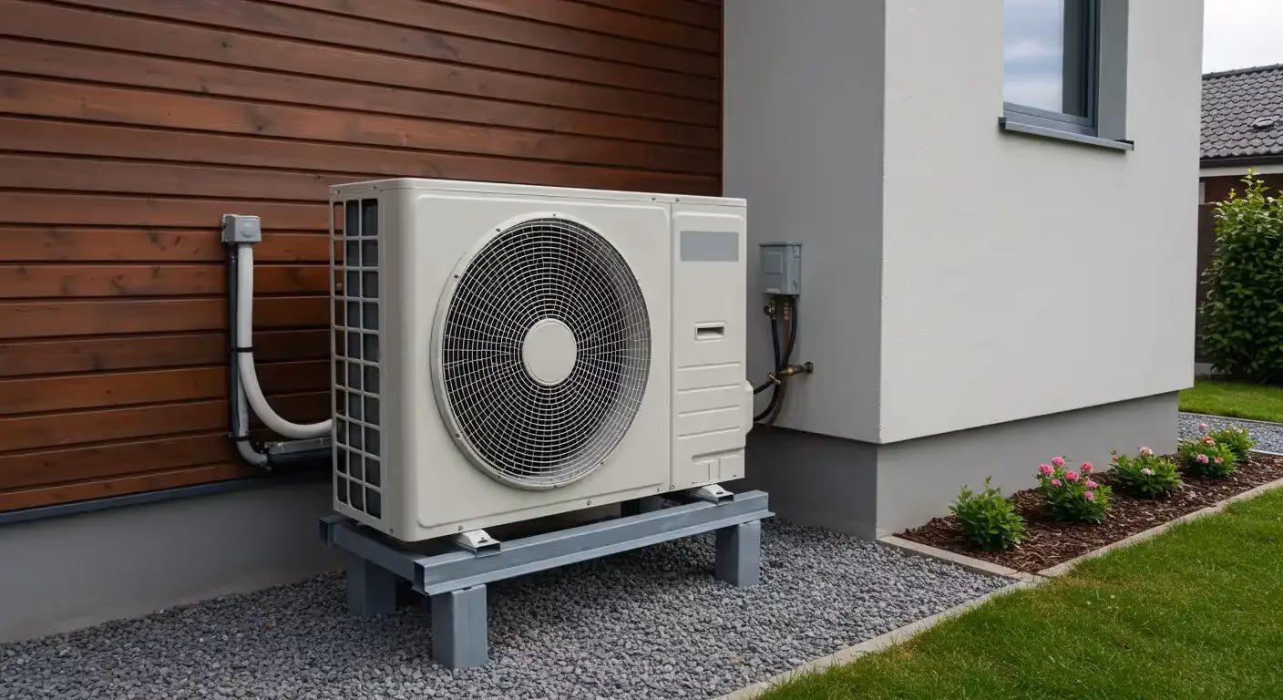 An outdoor mini-split heat pump unit on a metal stand next to the exterior of a modern house.