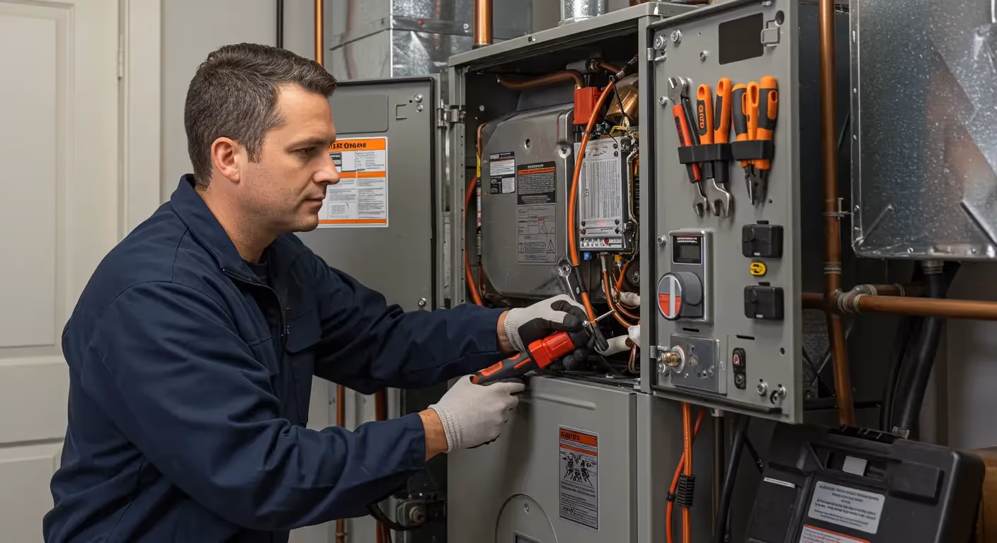 A technician in a blue jacket and work gloves uses a power tool to work on the wiring inside an open furnace.